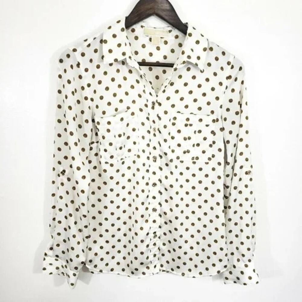 Michael Kors Vintage White / Gold Coin Monogram Logo Blouse Size 8 Rare